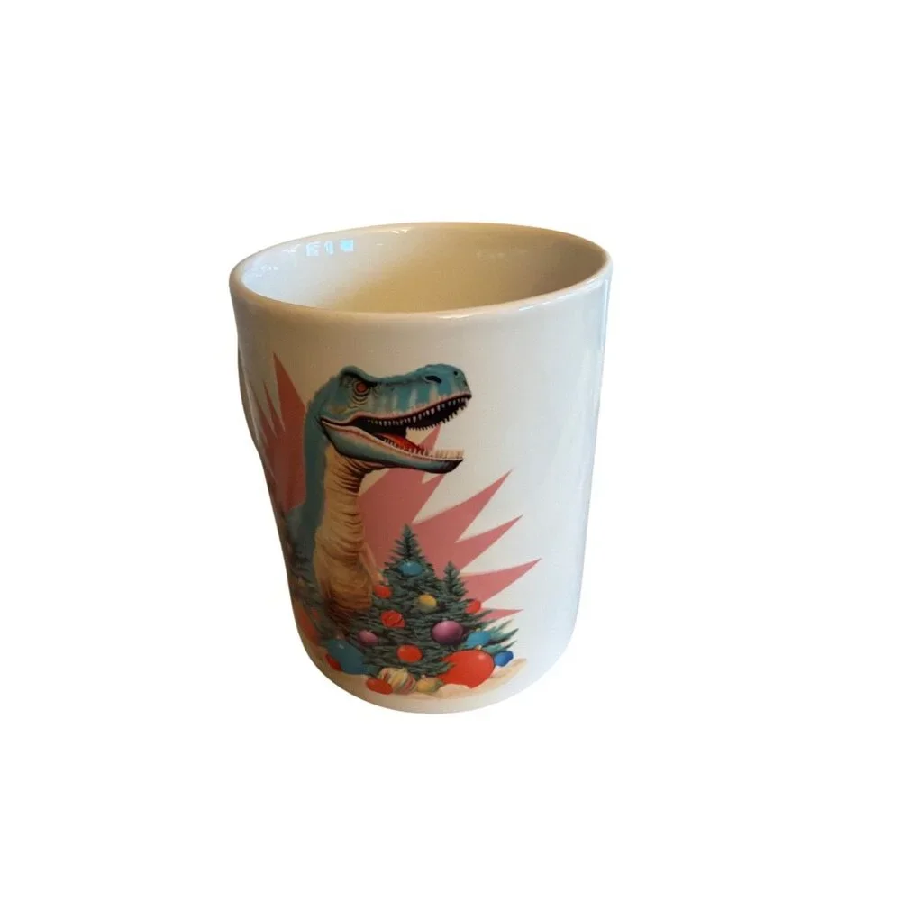 Dinosaur Themed Ceramic Mug With Pink Background & Christmas Design